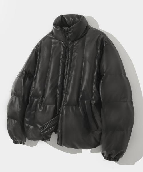2WAY 헤비웨이트 슬래쉬 패딩 자켓_PU 레더 블랙