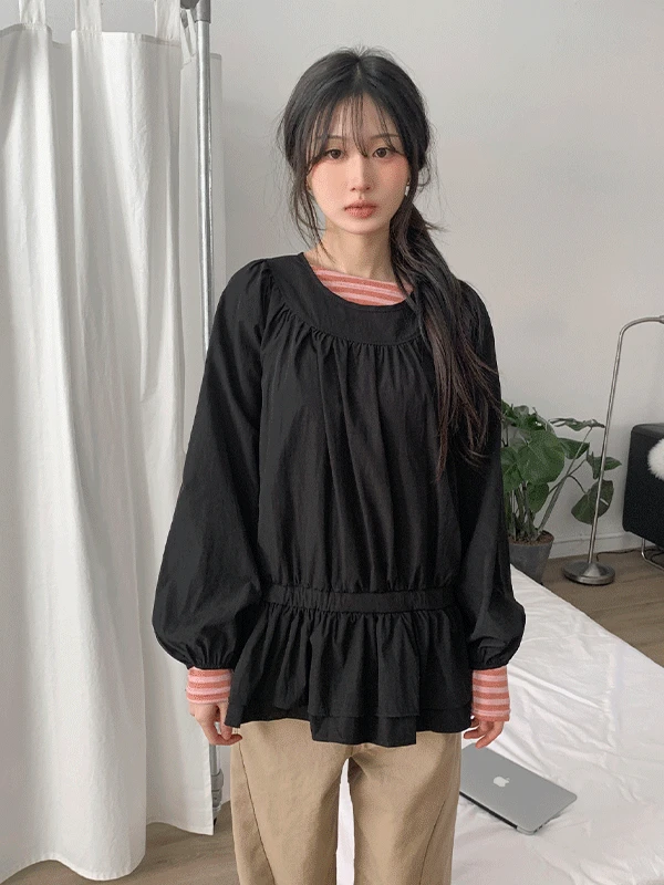 [널널여리핏🌼/데이트룩] 하루키 스트링 프릴 레이어드 긴팔 블라우스 2color