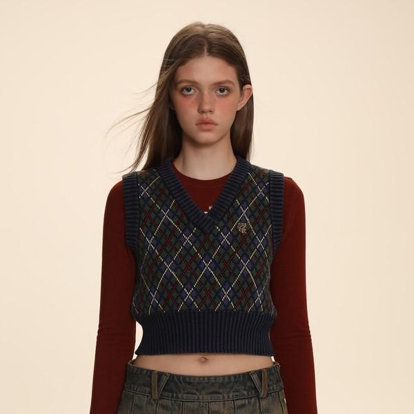 Moromoro vintage college v-neck argyle vest