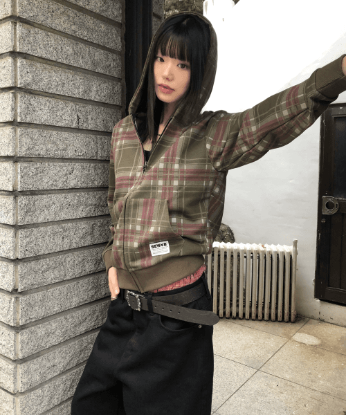 체크 후드집업 (세미크롭) 카키브라운