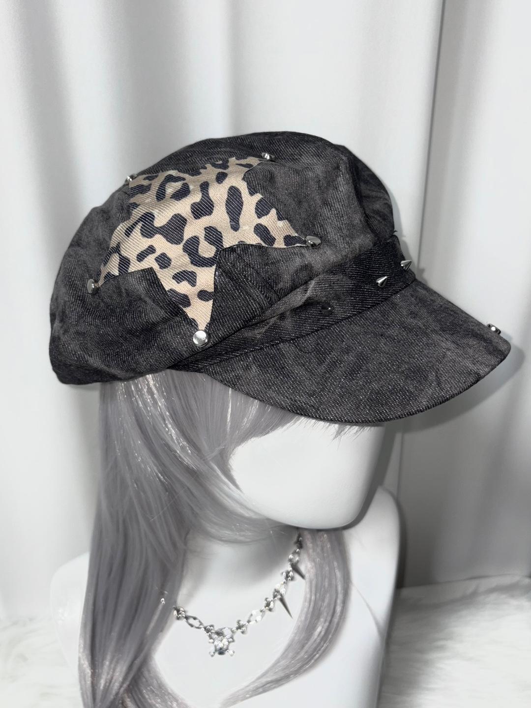키츠히 [Leopard Star Cap] 레오파드 스타 배레모 캡 빵 모자 빈티지 워싱 펑크 고딕 갸루