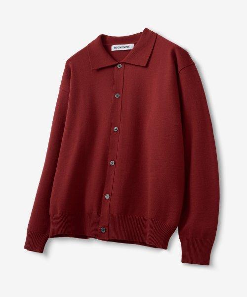 소프트 텍스처 카라 니트 가디건_딥 레드