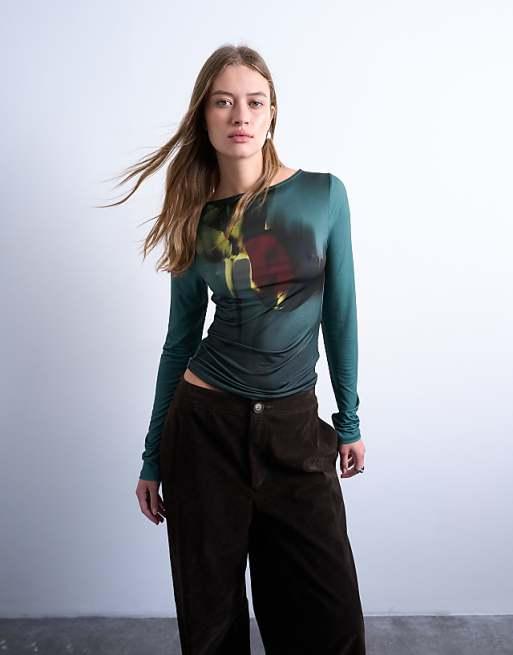 Topshop microfibre high neck tulip print top in green