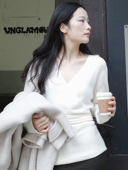 [명진 PICK] LT718 WOOL 100% DIAGONAL WRAP KNIT TOP, IVORY