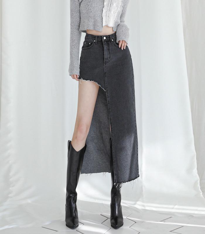 Unbalanced Long Denim Skirt BLACK