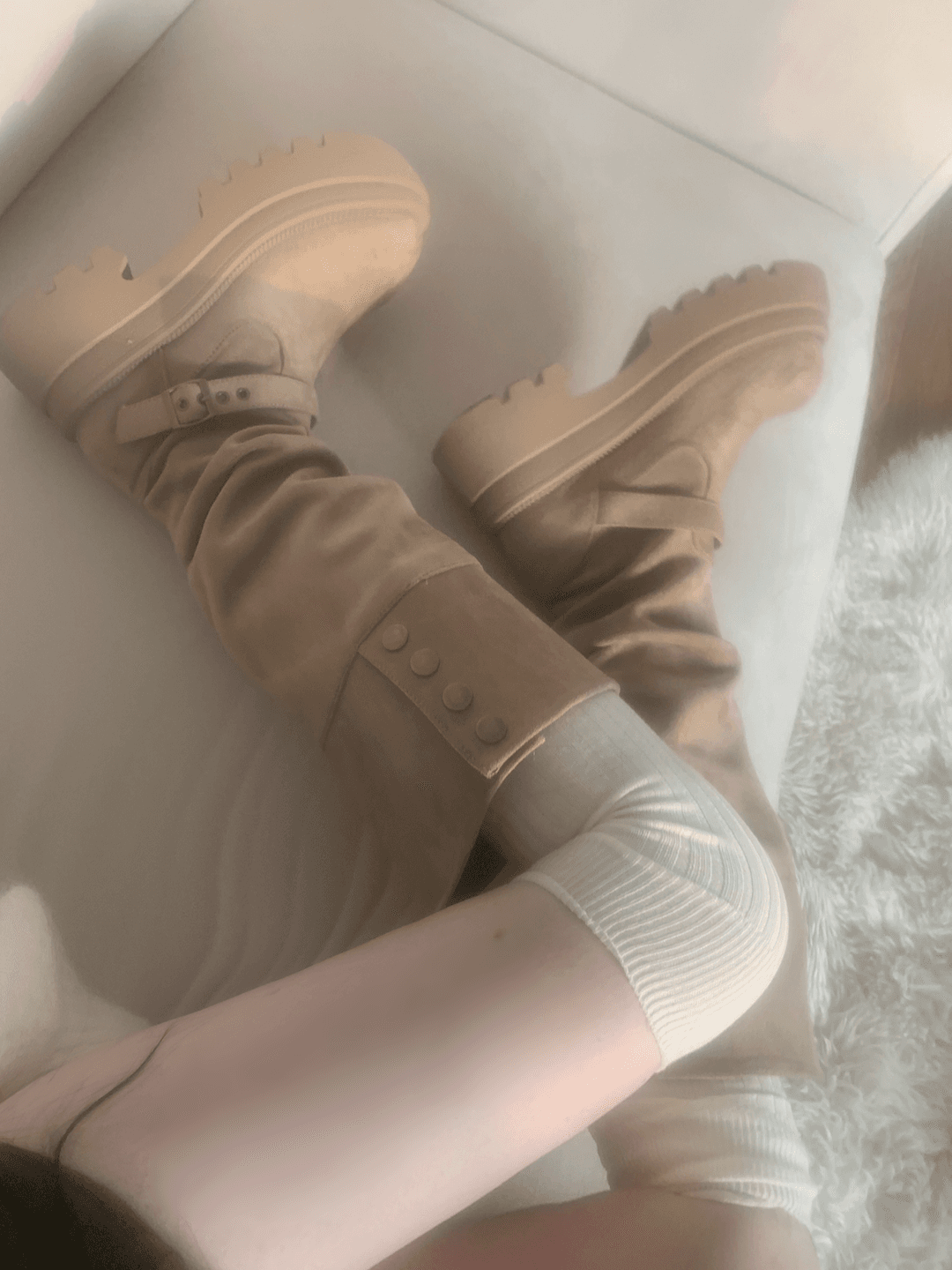 Dion Suede Buckle Long Boots (beige)