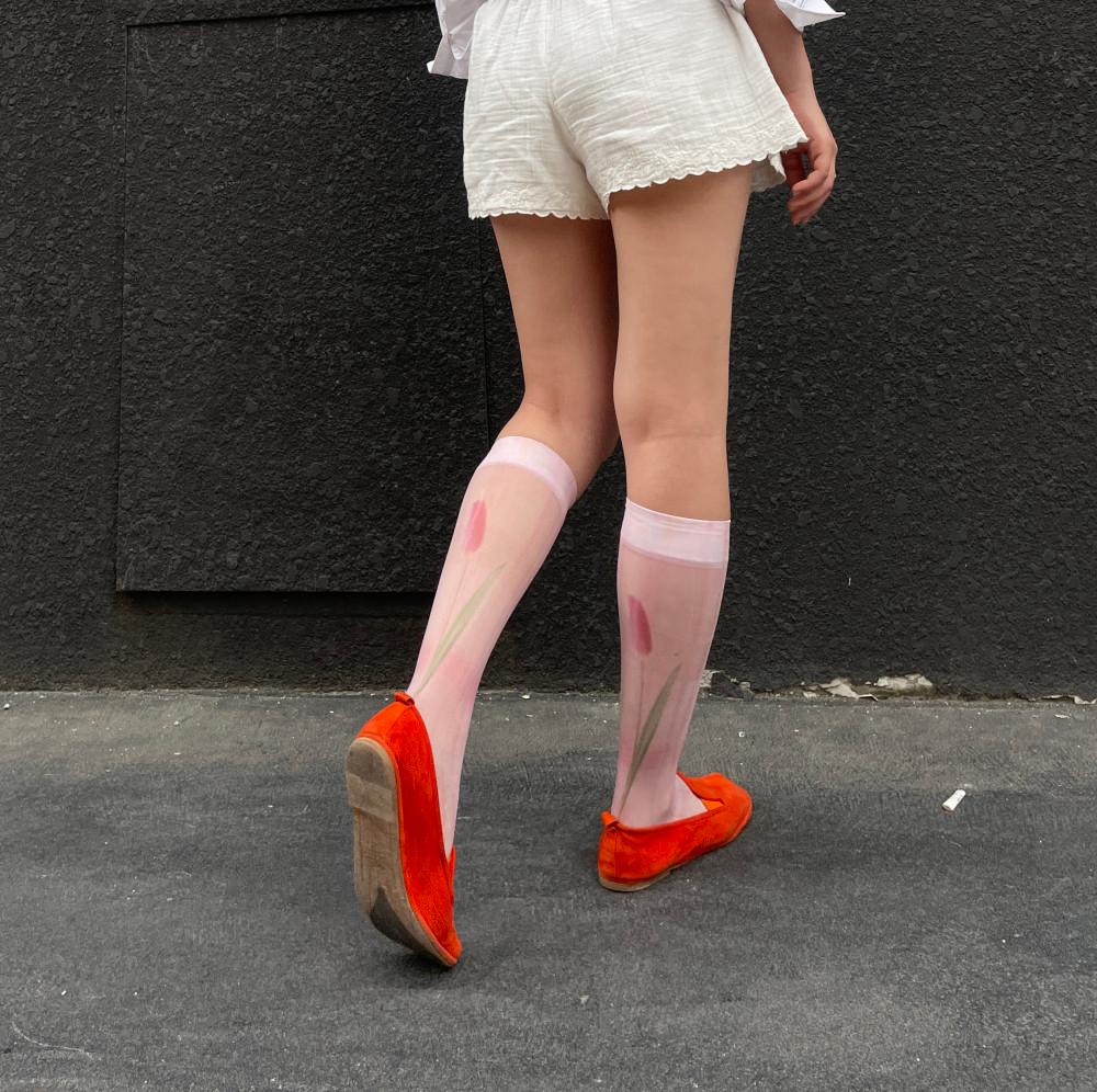 [Pink tulip long socks] 빈티지 하이틴 유니크 플라워 시스루 니삭스 긴양말