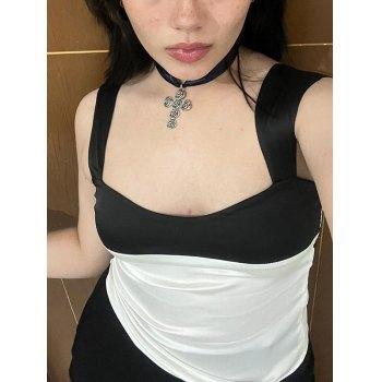 Tie Patchwork Satin Tank Top