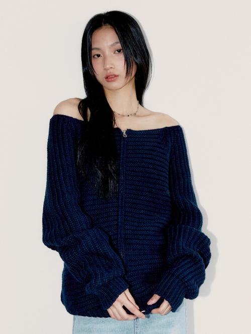 OFF SHOULDER KNIT ZIP-UP, NAVY