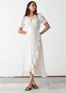 리넨 미디 랩 드레스