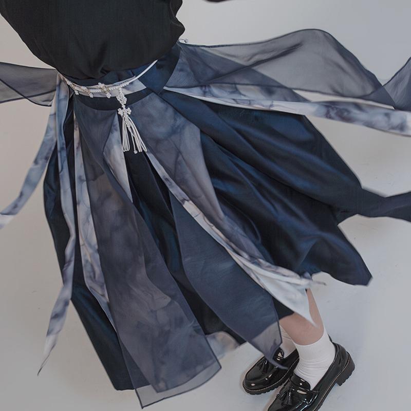겹 자락 마블 허리치마 남색