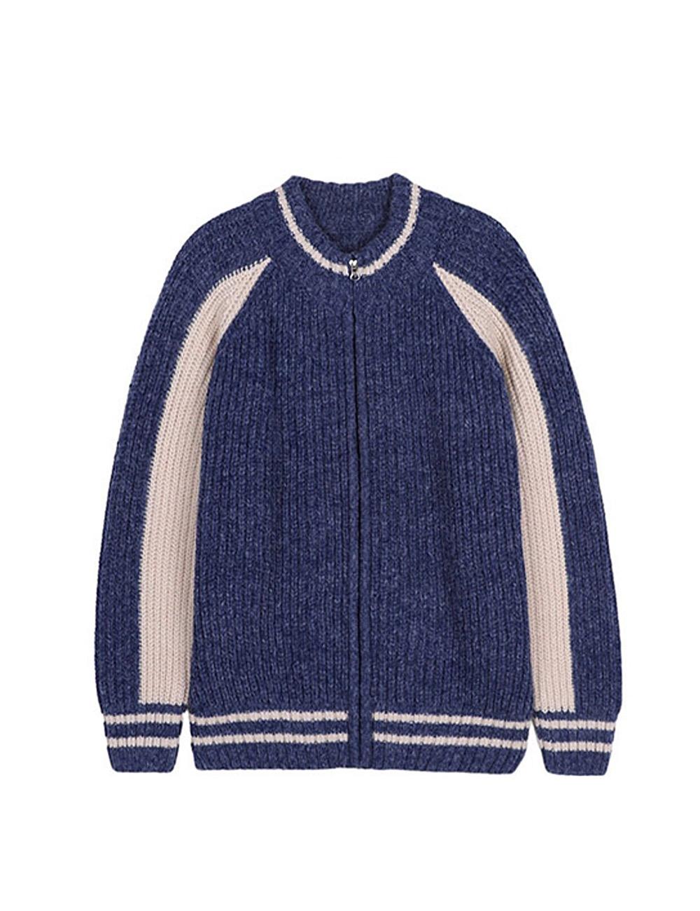 바시티 배색 집업 가디건