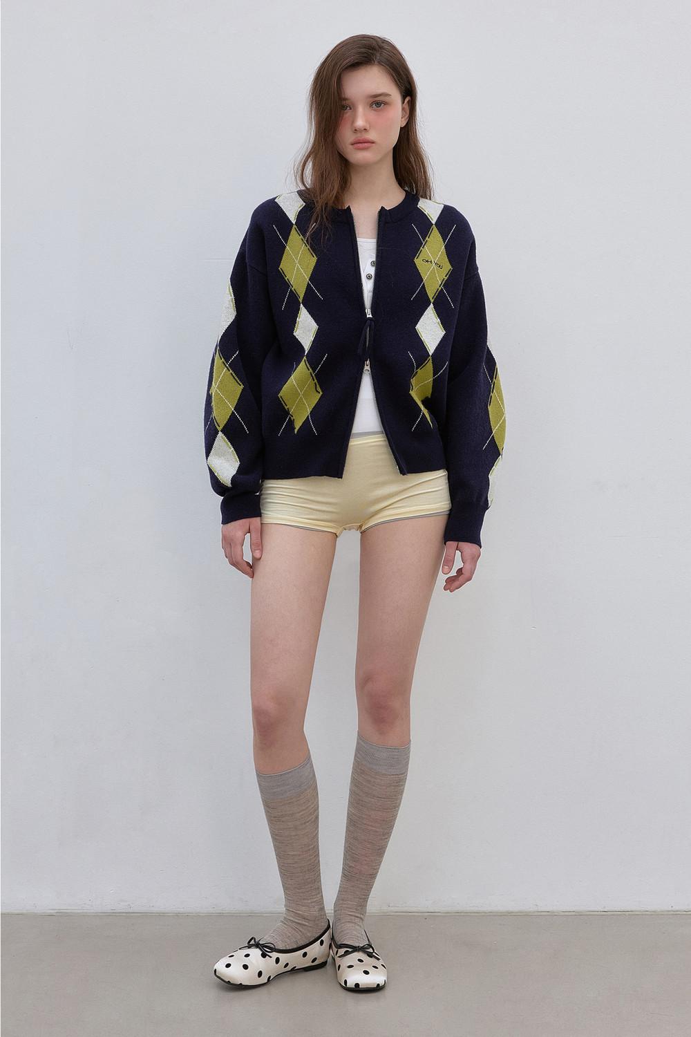 ARGYLE HAND-STITCH KNIT ZIP-UP (NAVY)