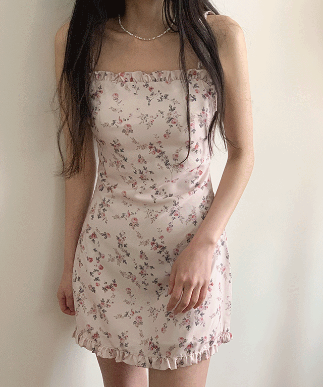 배드걸 [휴양지룩] 핑크 플라워 프릴 끈나시 미니 원피스 뷔스티에 바캉스 데이트룩