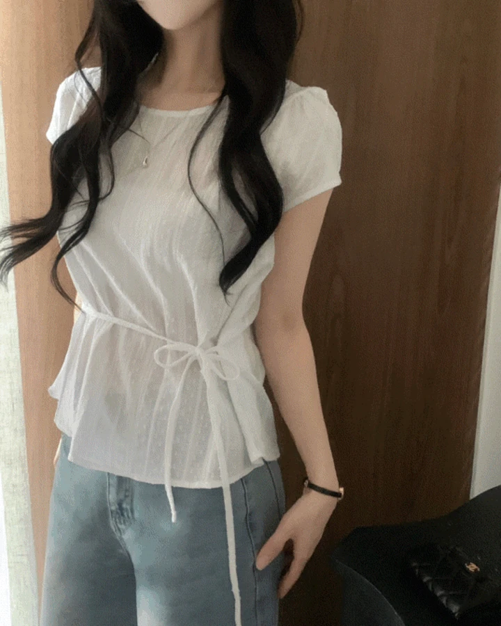 Made [허리잘록/청순🤍] 링클 레이스 허리끈 캡소매 반팔 블라우스 - 4color