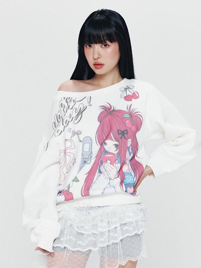 키르시 X 피투 그래픽 오프숄더 크롭 스웻셔츠 [화이트]