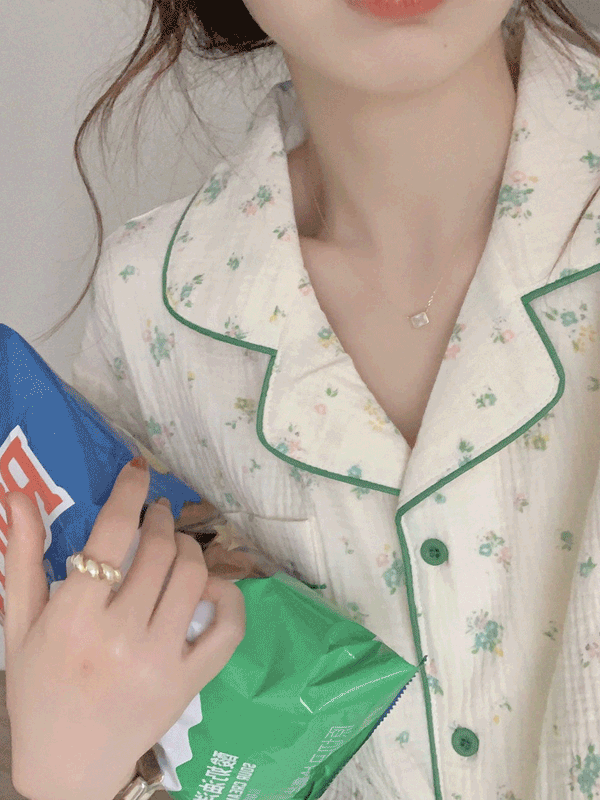 그린 컬러플 플라워 반팔 상하세트 파자마 잠옷