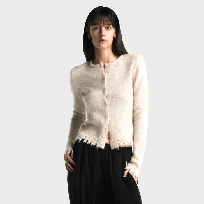 Distressed knit round cardigan - OATMEAL