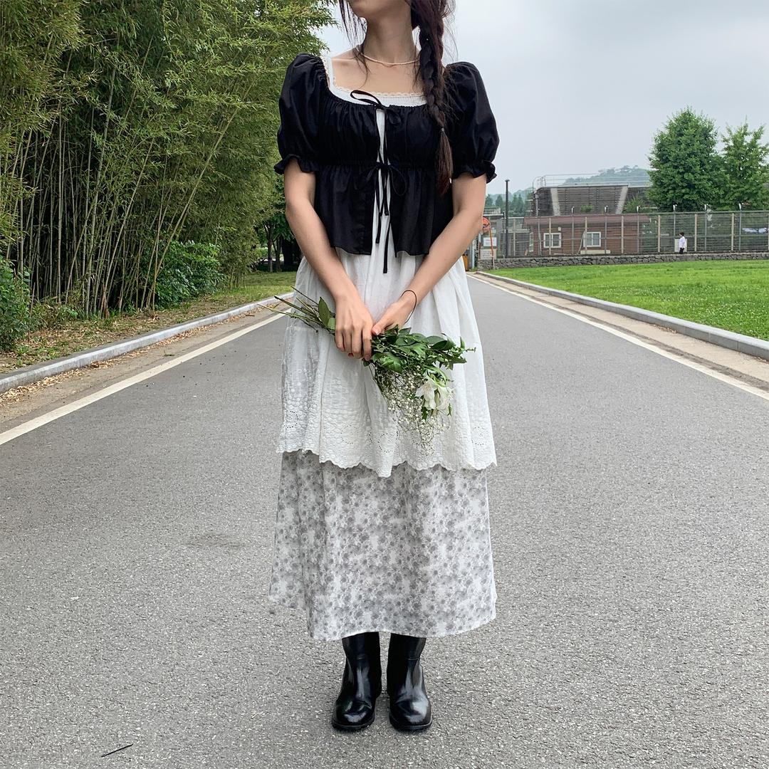 [자체제작] 린넨 플라워 밴딩 타이 롱스커트 - 해바라기