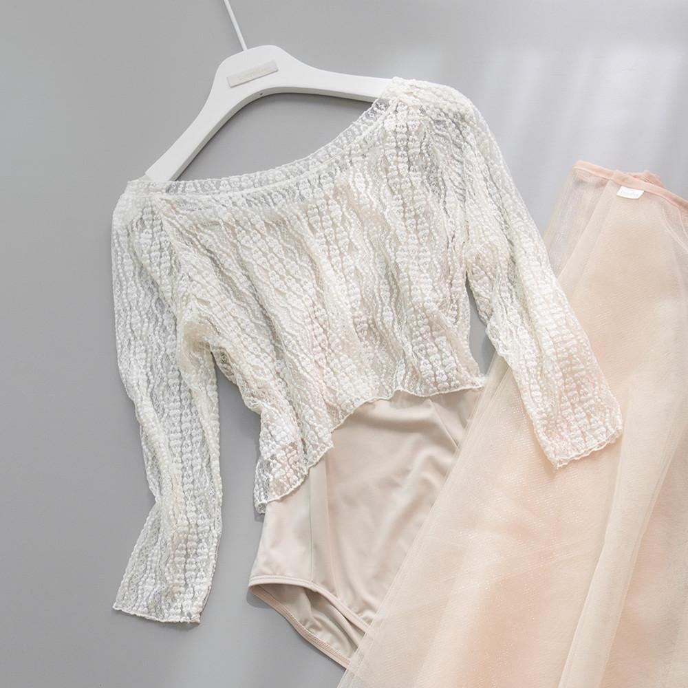 French Lace 7부 소매 크롭탑 발레 워머 필라테스 요가 커버업