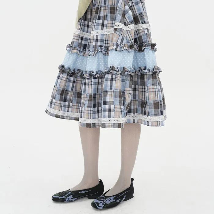 Lace Trim Ruffled Check Skirt [Blue]
