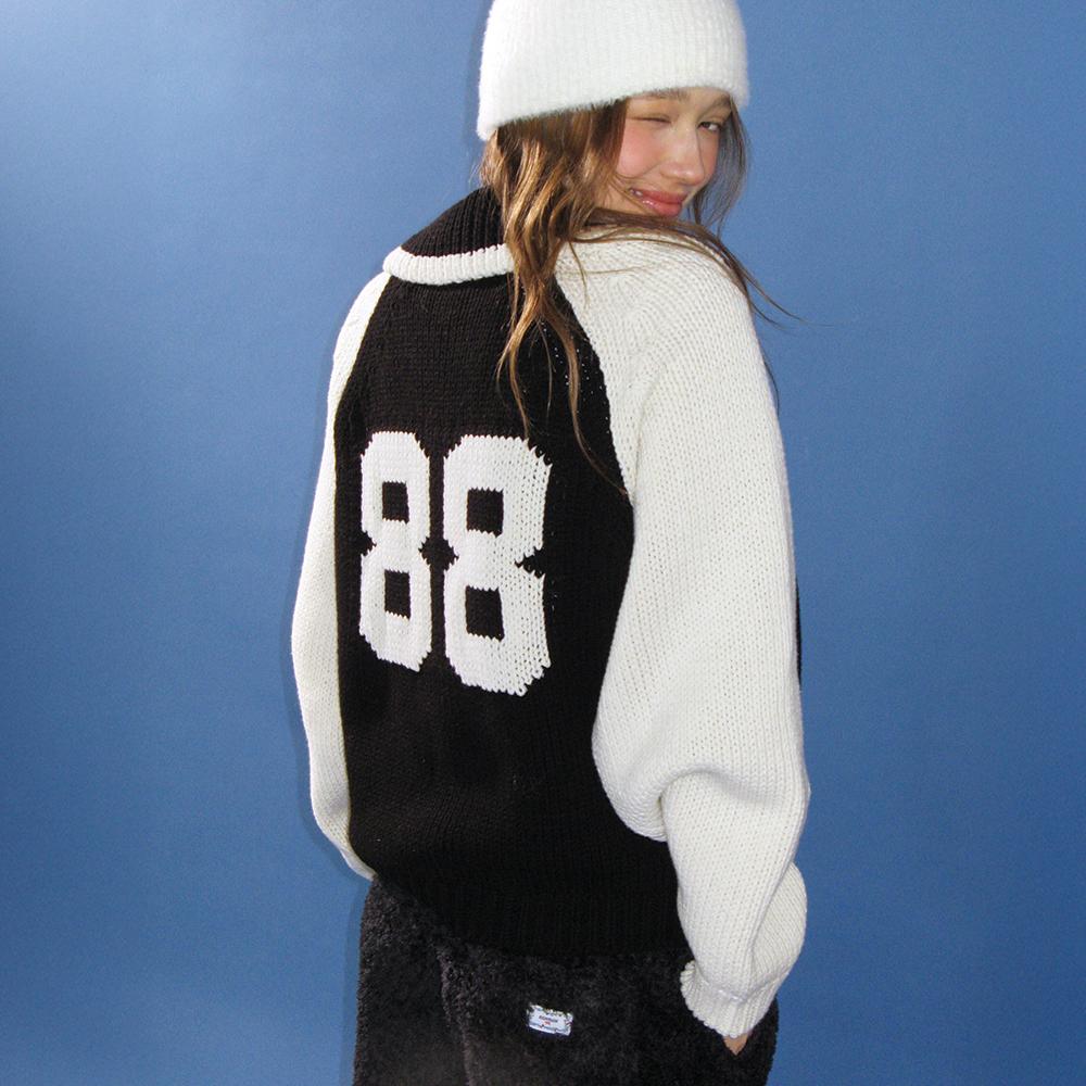 88 BLOCKING COWICHAN KNIT ZIP UP BLACK CREAM