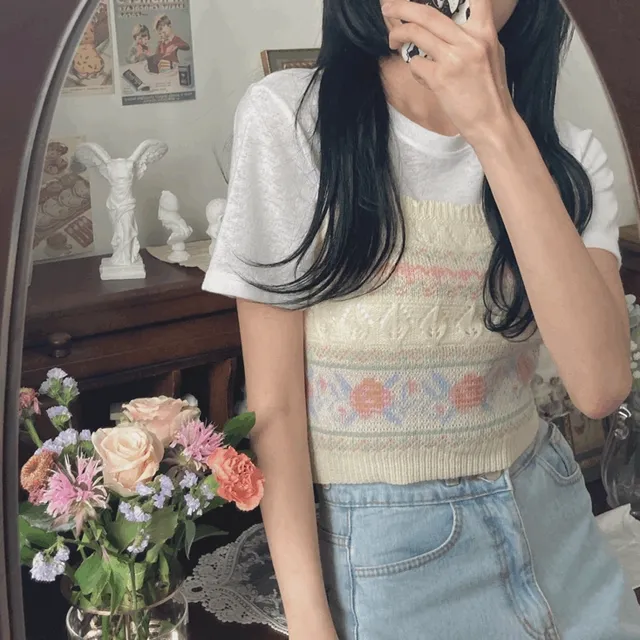 유니크,빈티지! 크림 로즈 니트 뷔스티에