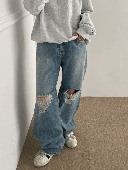 여자 찢청 통청바지 중청바지 하이웨스트 찢어진 와이드 데님 청바지