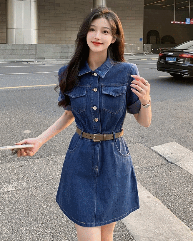 [무료/당일출고]봄 여름 썸머 반팔 셔츠 진청 데님 파랑 파란 청 벨트 미니 원피스
