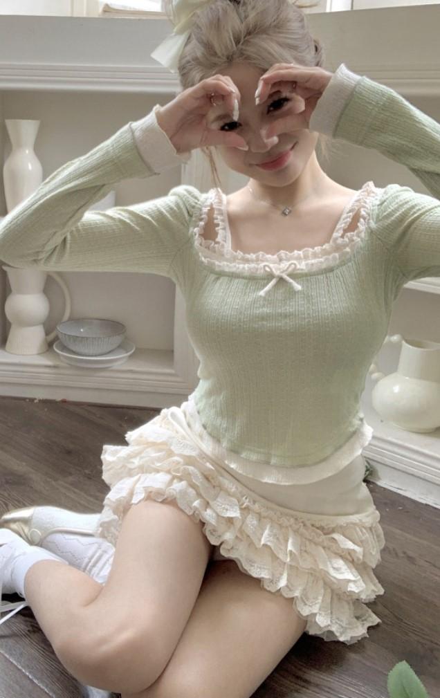 [단품구매가능] 빌레 러블리 프릴 리본 레이스 긴팔 여리 슬림핏 딱붙는 크롭 티셔츠 하이웨스트 티어드 캉캉 미니 스커트 봄 여름 발레코어 페미닌 투피스