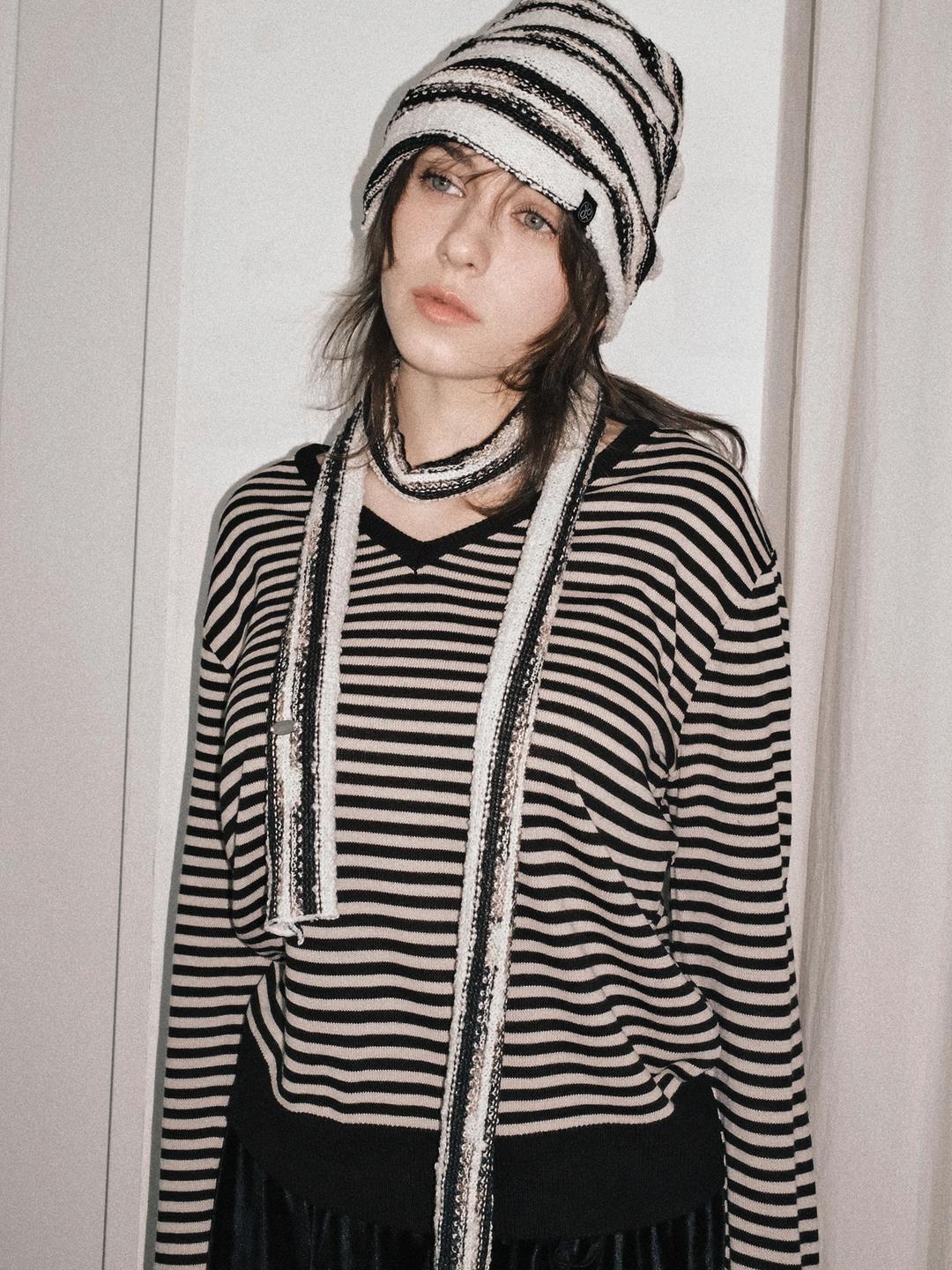 Knit Hat&Neck Warmer_Ivory&Black