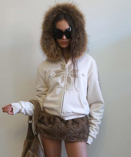 Fur Trimming Hooded Zip-Up Dirty White