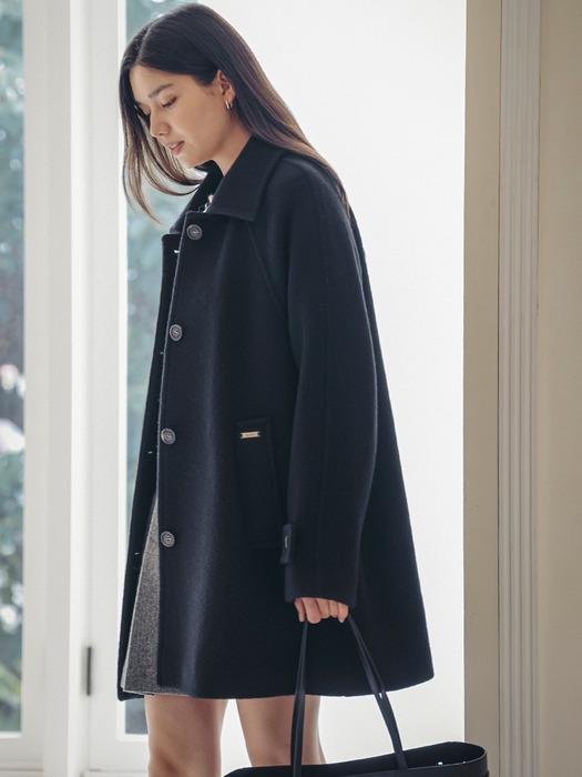 Wide collar wool blend half a-line coat_Black