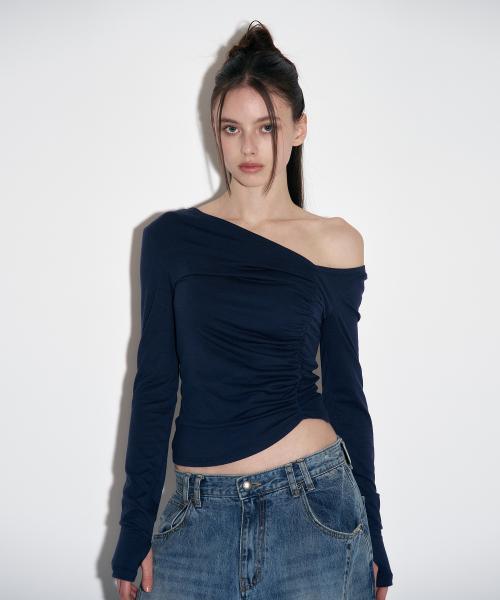 Hayden Unbal Shirring Long Sleeve Top (Blue Navy)
