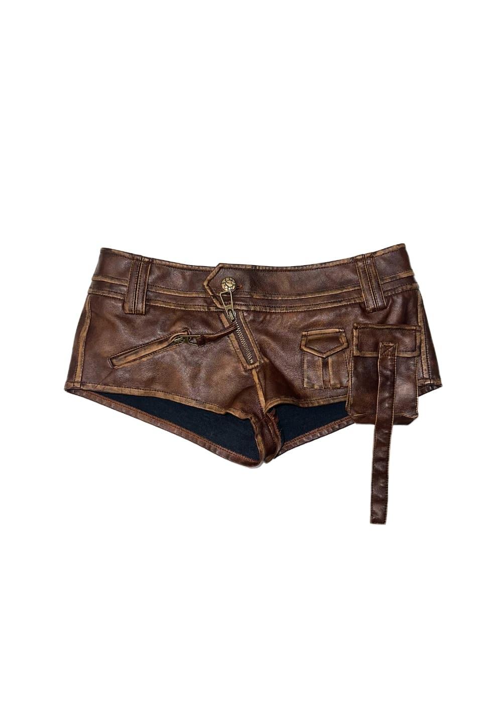 OPEN AESTHETIC丨Punk Leather Low Shorts - Brown / S