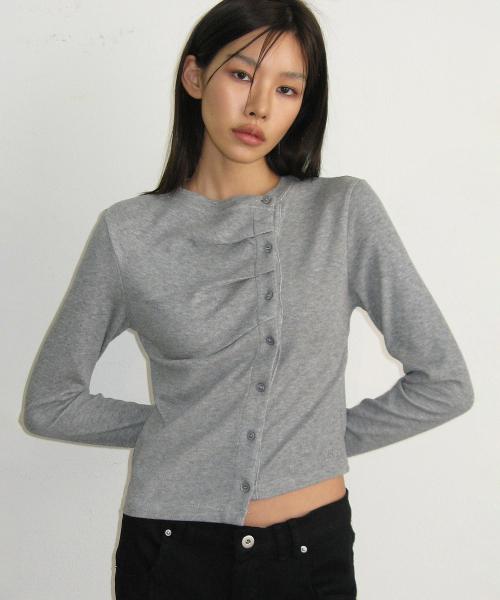 사선 언발란스 핀턱 셔링 버튼 라운드넥 긴팔 니트 가디건_ 2COLOR