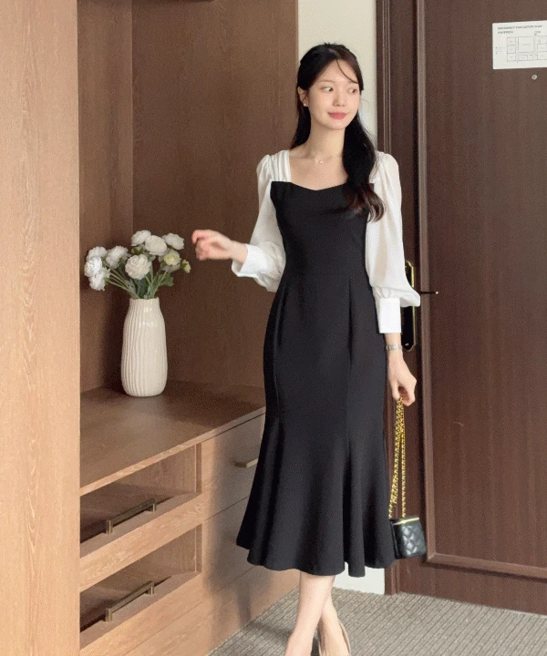 팅커 스퀘어넥 배색 머메이드 롱원피스
