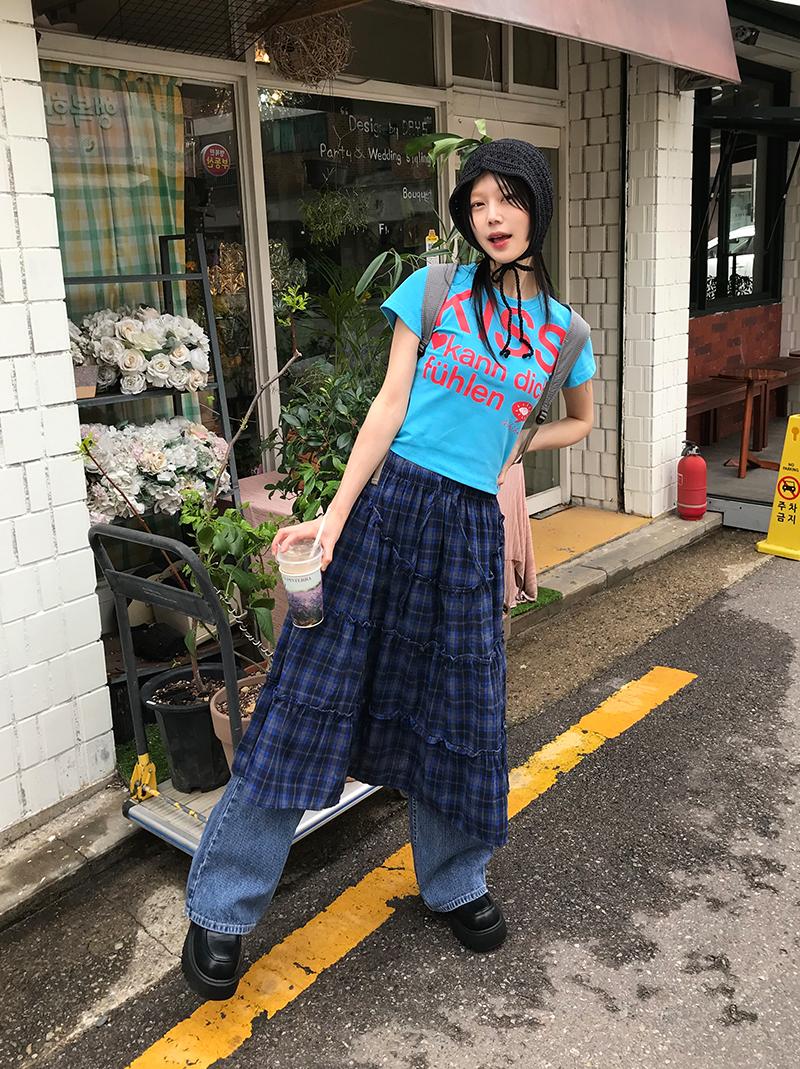 아케 (*당일발송) FRILL CHECK LONG SK (blue / black)
