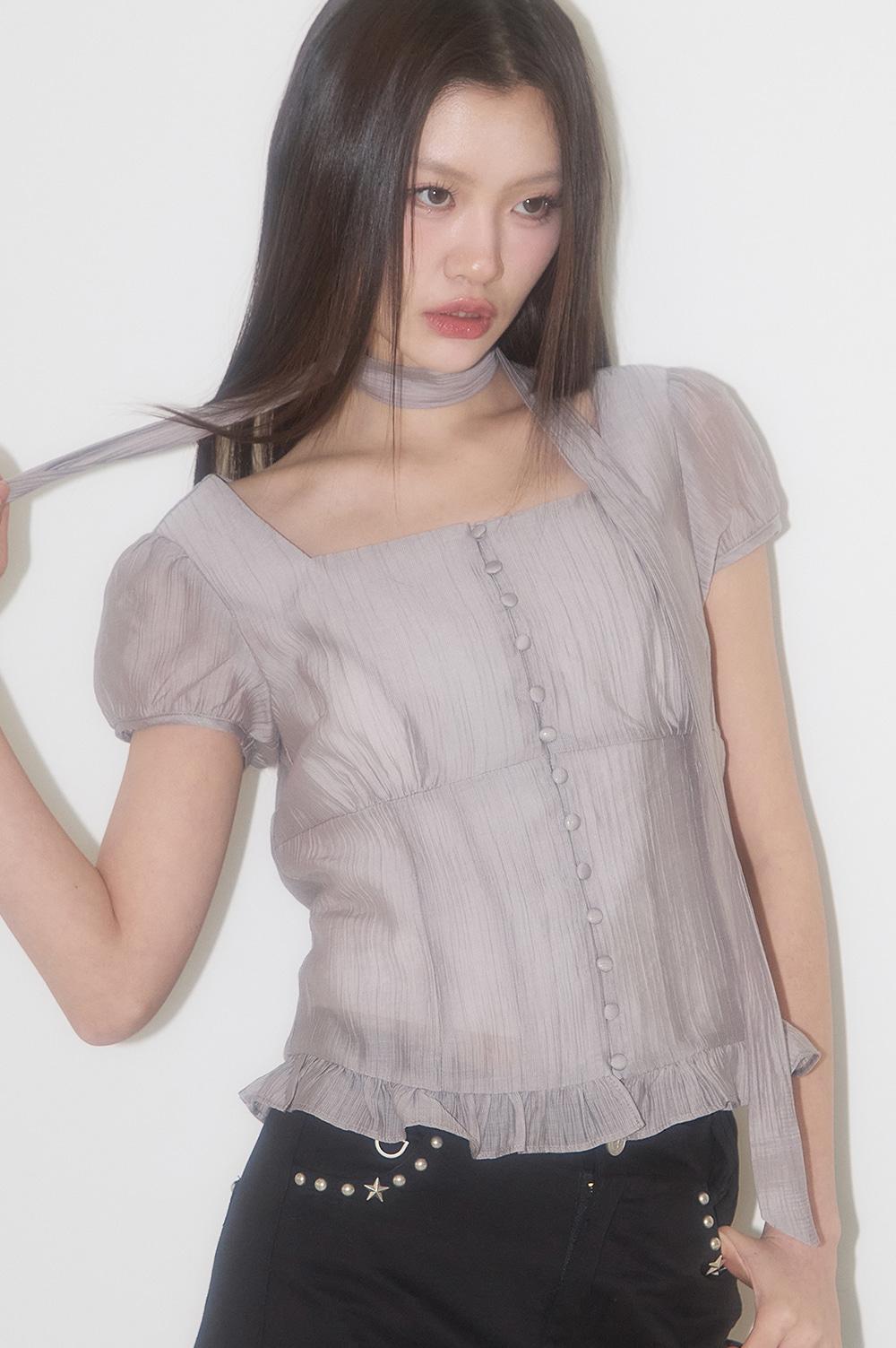 리본 타이 스퀘어넥 블라우스 그레이