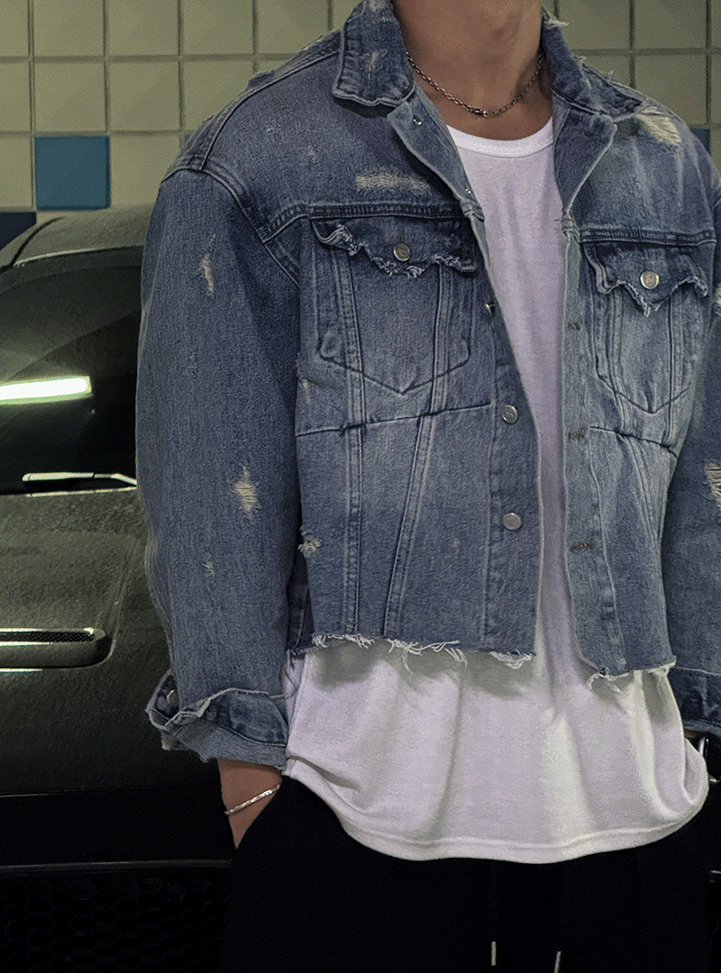 데미지 크롭 데님 자켓