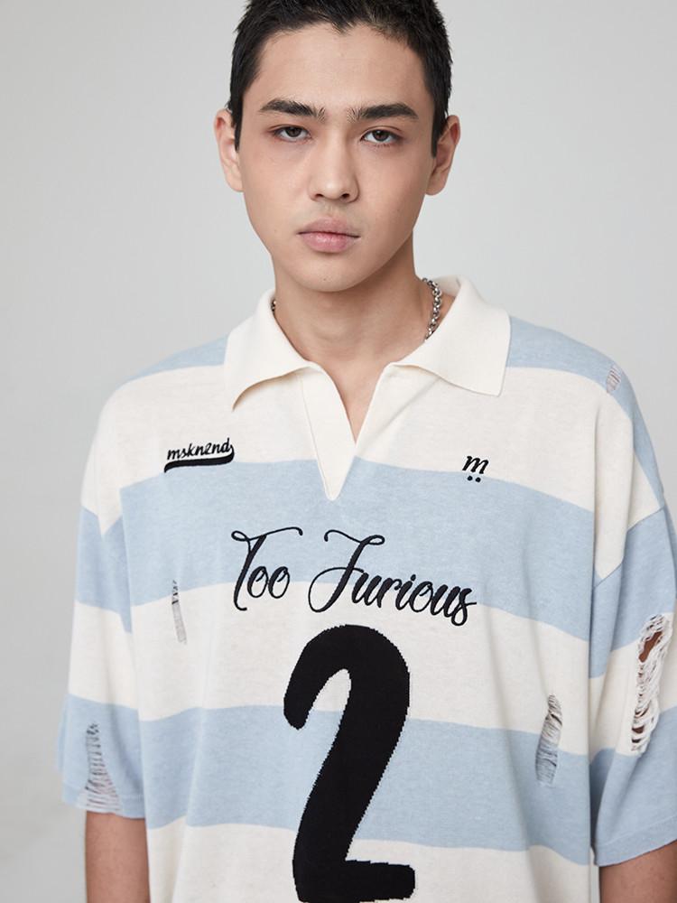 문수권세컨 럭비 디스트레스드 오버사이즈 반팔 스웨터 페일 블루