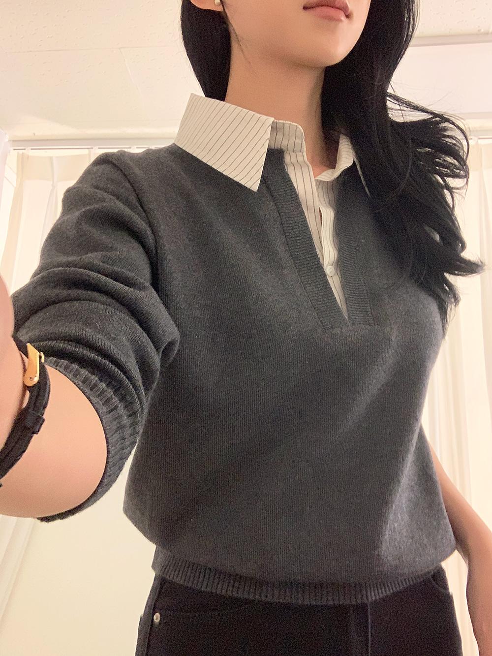 온리 카라 셔츠 레이어드 니트