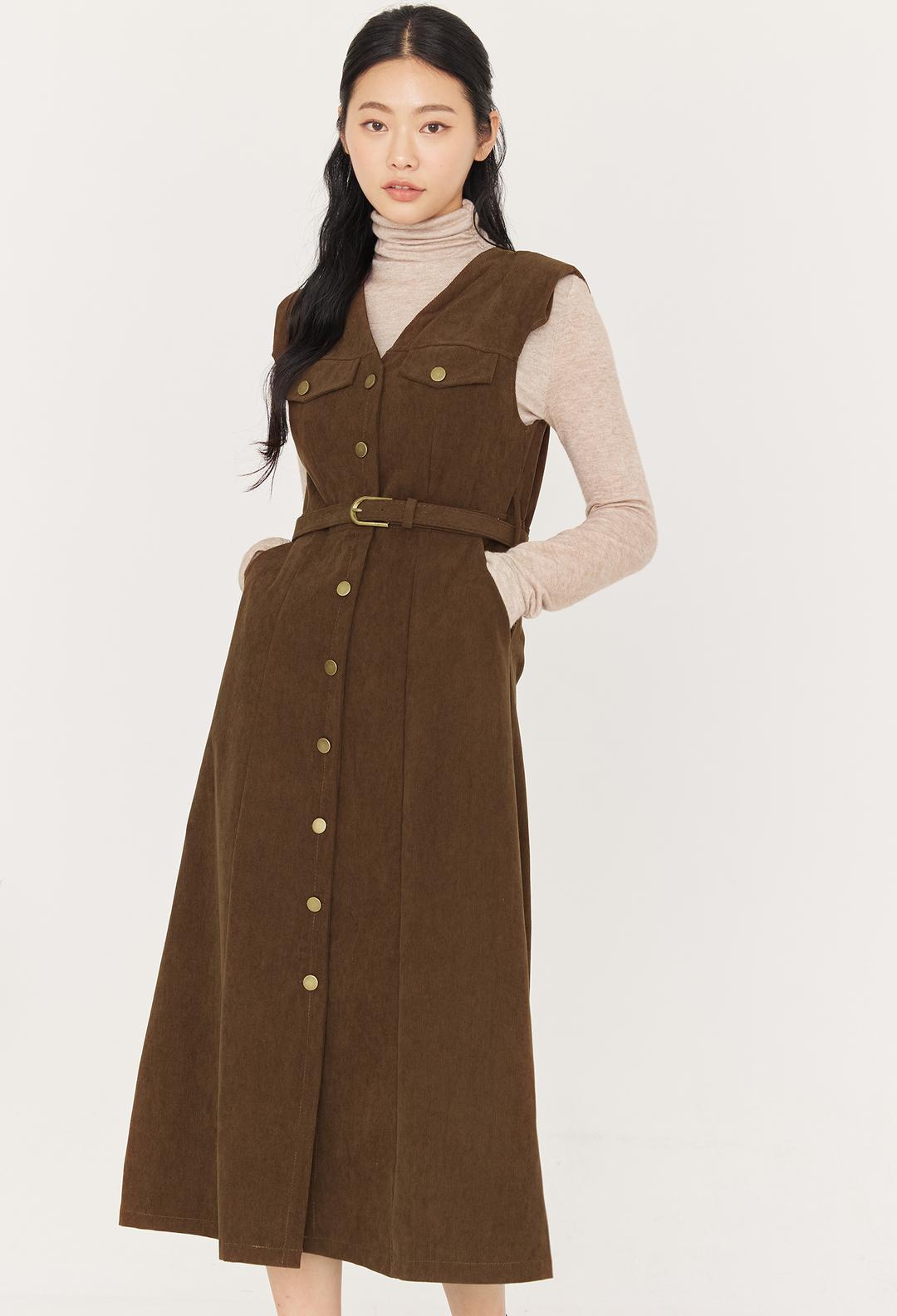 코듀로이 원피스 +니트 세트 (BROWN)