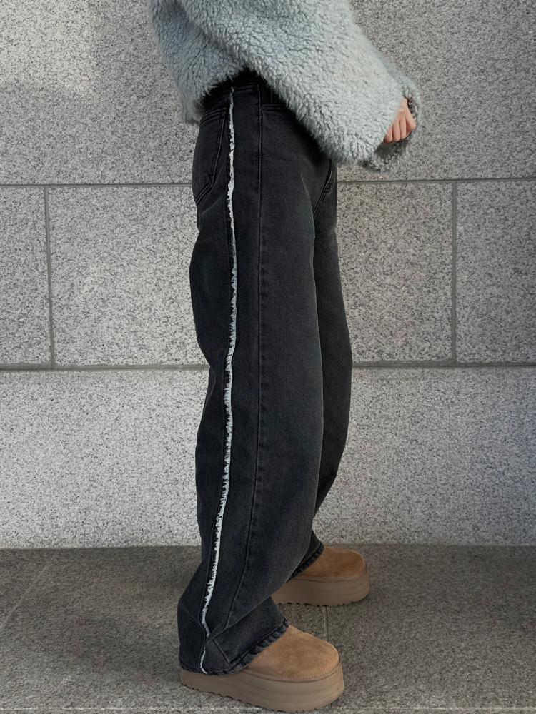 사이드 라인 수술 테슬 와이드 흑청 데님팬츠 블랙진