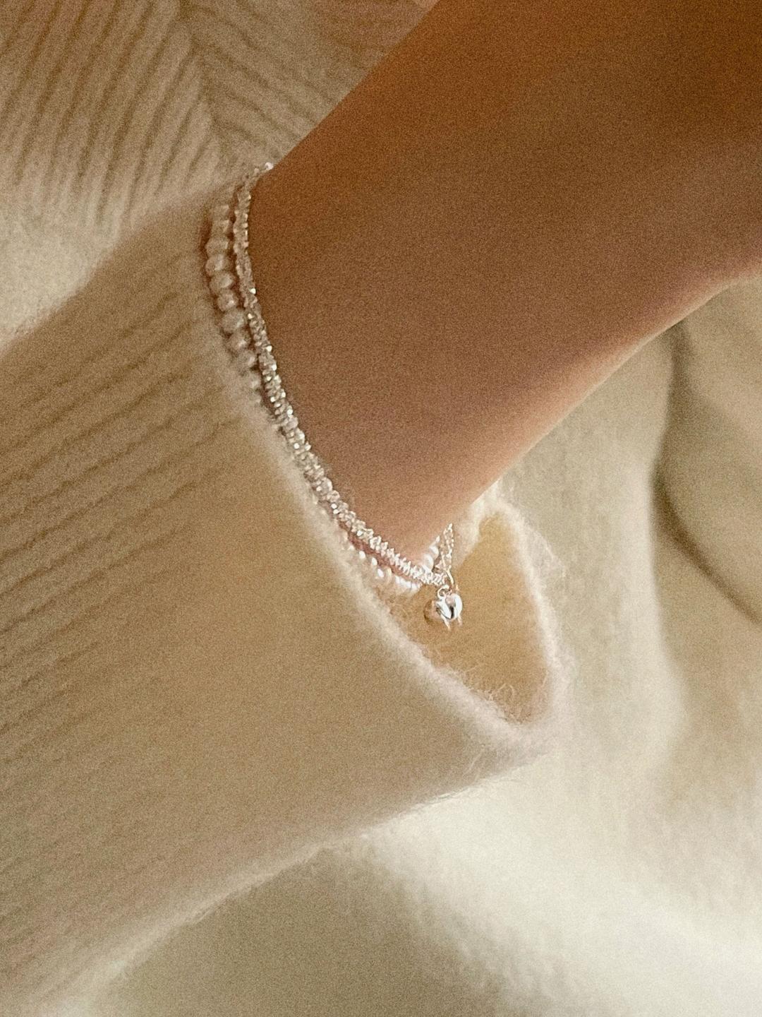 하이졸리 [당일발송/92.5 Silver] Two lines of heart pearl bracelet