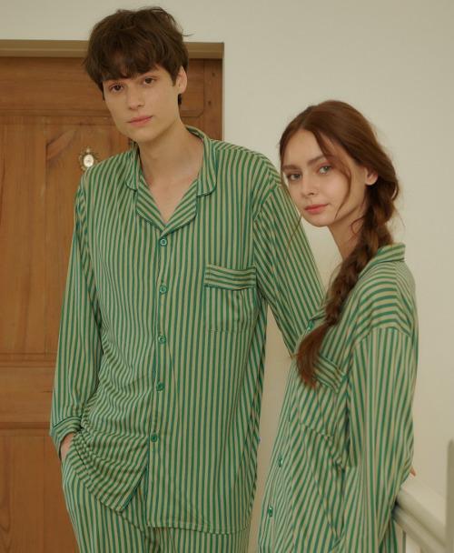 파인 리지 스트라이프 피치기모 긴팔 커플 잠옷 세트