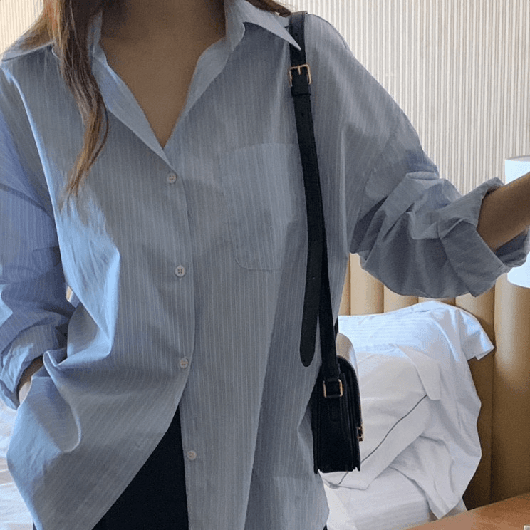 이너프 베리셔츠 오버핏 스트라이프셔츠 블루 화이트 하늘색 여성셔츠