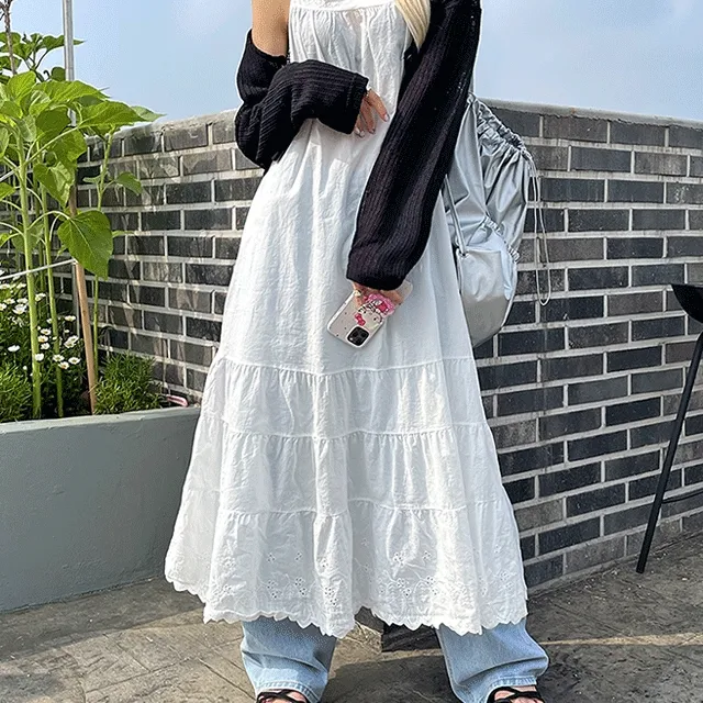 [빅사이즈] 러블리 레이스 코튼 면 나시 롱 원피스(2color)