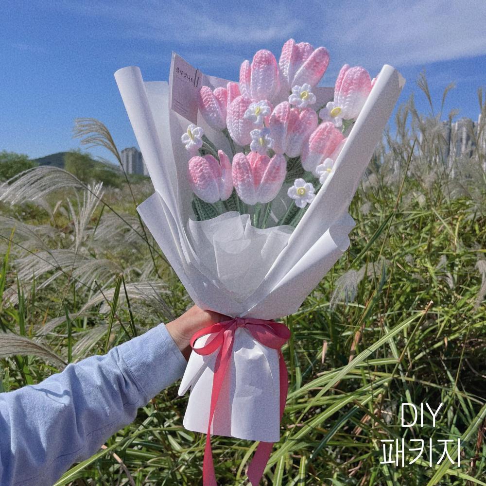 그라데이션 튤립 뜨개 꽃다발 DIY 핸드메이드 코바늘 특이한 선물