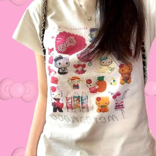 🎀키티핀증정🎀키티 반팔티 반소매 티셔츠 여름 순면 면 스판 반팔티셔츠 데일리 헬로키티 산리오 티셔츠 반팔 오버핏 키티 친구선물 생일선물 키티 잠옷 키치 y2k 귀여운 캐릭터
